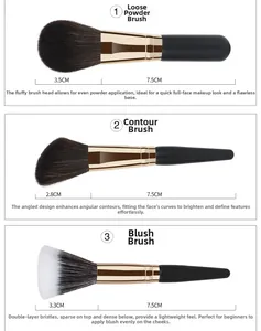 Detail of powder, contour, and stippling brushes with dimensions and black matte handles