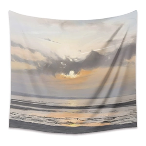 Detailed texture of oil painting style tapestry featuring a coastal sunset scenery