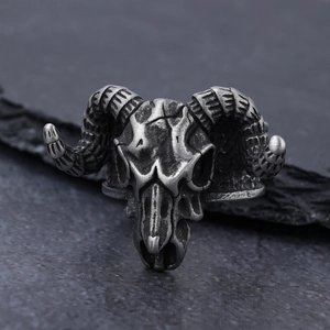 Vintage ram skull ring for men with a punk gothic style and oxidized silver finish
