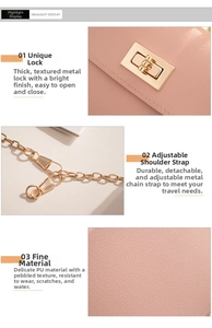 Detail of pink lychee grain PU leather with gold metal clasp and adjustable chain strap