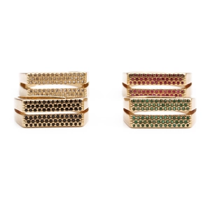 Double-layered gold rings with rectangular micro-paved zircons in four vibrant colors