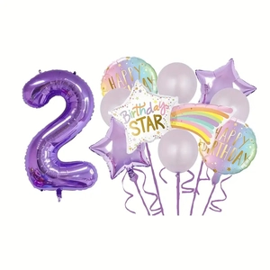 Detail view of purple number 2 foil balloon set with rainbow and star birthday decorations
