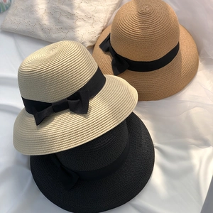 Women Straw Sun Hat Elegant Bow Ribbon French Hepburn Style Woven Paper Material Summer Beach Vacation Sun Protection