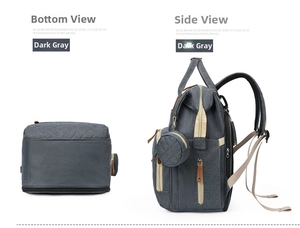 Detail view showing the bottom and side profiles of the dark grey multifunction diaper bag