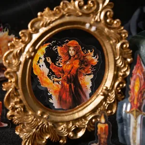 Fantasy magic witch stickers depicting red-haired sorceress in a golden vintage frame