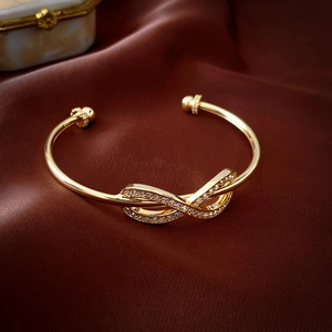 Gold Plated Copper Open Bangle Bracelet Cubic Zirconia Bowknot Infinity Symbol Geometric Luxury Jewelry For Women