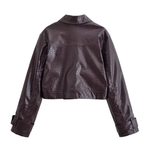 Women's dark brown faux leather jacket with crocodile texture and glossy finish
