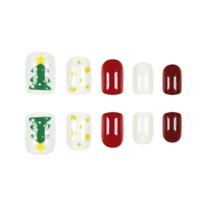 Christmas press-on nails set with green tree and red elk patterns for festive holiday decor