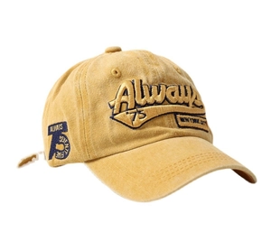 Mustard yellow washed cotton baseball cap with blue Always New York City embroidery
