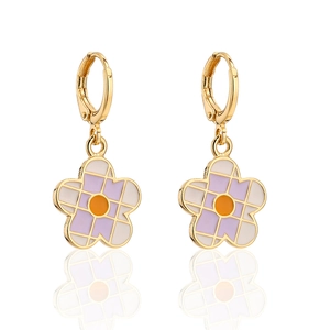 Detail of 18K gold flower earrings with purple, white enamel and orange center