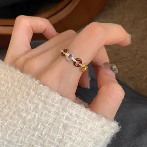 Elegant Color Block Chain Link Ring For Women French Retro Adjustable Enamel Alloy Micro Pave Cubic Zirconia