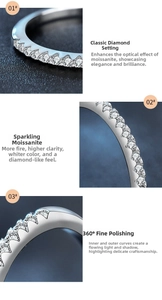 Macro detail of half-eternity moissanite ring showing precise prong setting and 360-degree polish