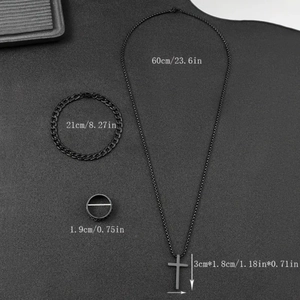 Detail view of black men's cross necklace, chain bracelet and ring set with dimensions