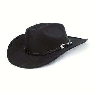 Classic black Western cowboy wool felt hat with brown leather band and silver buckle