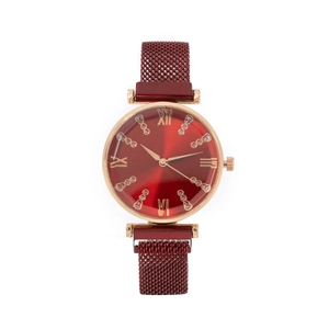Detail of red sunray dial with Roman numerals and golden mesh magnetic watch strap