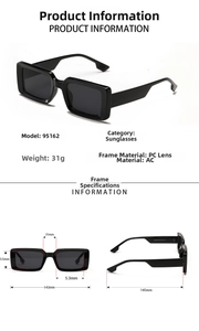 Detailed size parameters and technical specifications for square frame tortoise sunglasses