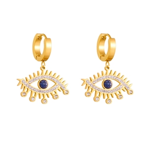 Gold plated titanium steel evil eye earrings with blue crystals on white background