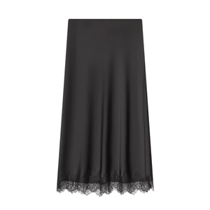 Elegant black satin midi skirt with delicate lace trim edge on white background
