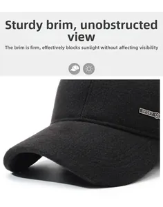 Detailed close-up of the black wool baseball cap with sport metal logo and stitching