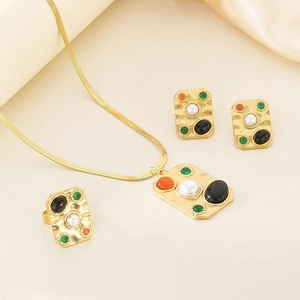 Retro jewelry set with turquoise, pearl and square pendant on gold snake chain