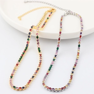 Rainbow Tennis Necklace Copper Colorful Zirconia Adjustable Gold Plated Sparkly Choker Fashion Jewelry