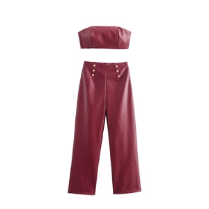 Tenue Sexy En Cuir PU Pour Femmes Haut Bustier Et Pantalon Large Taille Haute Rouge Foncé Clubwear