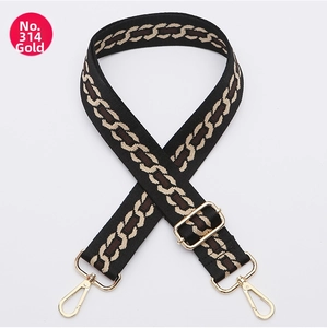 Adjustable black shoulder strap with geometric chain pattern and gold metal hooks