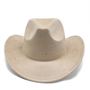 Detailed view of the khaki western cowboy hat with curved brim and decorative stitching