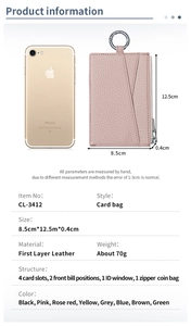 Detailed size comparison and specifications for this genuine leather coin purse and card holder