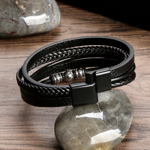Men's handmade multi-layer black leather braided bracelet with metal beads and magnetic clasp