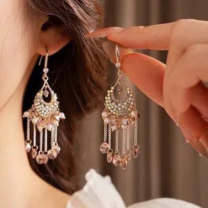 Bohemian style champagne crystal tassel chandelier earrings with pearls and rhinestones