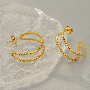 Geometric Hollow Hoop Earrings Stainless Steel Gold Plated Layered Bead Texture Minimalist Niche Design Women Jewelry