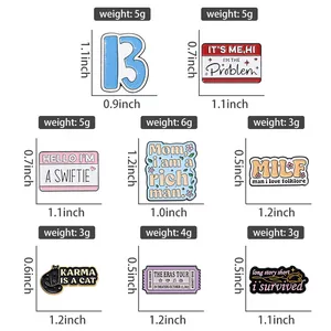 Detailed size chart and weight specifications for eight alloy enamel letter brooches