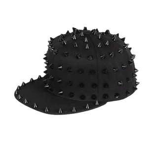 All-black punk style flat brim hip-hop baseball cap with studded cone spike accents
