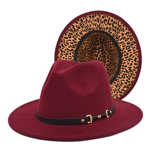 Wine red fedora hat with leopard print brim and leather band gold buckle accent