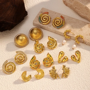 Detailed collection of 18k gold plated geometric earrings with zircon and pearl accents