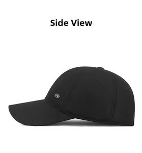 Side view of black thermal baseball cap showing fabric texture and round side button