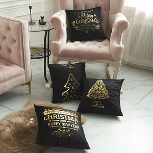 Set of 4 black velvet Christmas pillow covers with gold festive trees and greetings