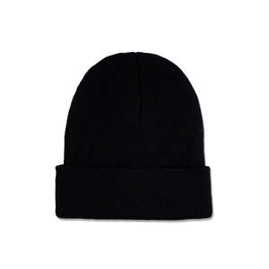 Close-up of black ribbed knit beanie featuring elastic texture and a folded cuff design