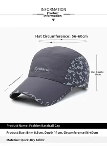 Detail specifications of quick-dry baseball cap with brim depth and size dimensions