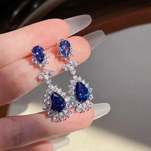 Luxurious Copper Water Drop Zirconia Earrings Women Elegant Blue White Rhinestone Dangle Earrings Banquet Jewelry Accessory
