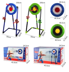 Kids target game set with stand showing toy axes and darts from multiple angles