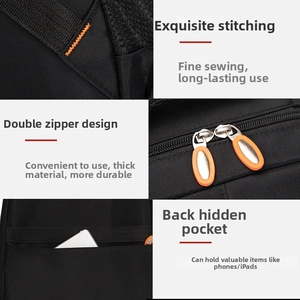 Detail of nylon backpack featuring orange stitching, dual zippers, and anti-theft back pocket