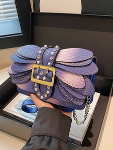 Blue-purple gradient snakeskin PU flap bag with pearls and golden chain strap