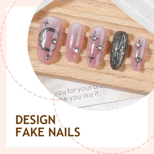 Pink cat eye press-on nails with silver moon, stars and rhinestones 5pcs set