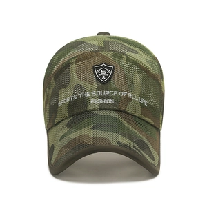 Breathable camo mesh baseball cap with embroidered sports logo for outdoor fishing