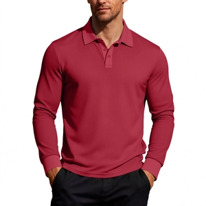 Men's waffle texture long sleeve polo shirt in wine red with casual lapel button design