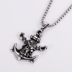 Gothic anchor necklace with pirate skull pendant in silver finish for men and women