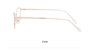 Side view detail of lightweight gold cat-eye glasses frame with pink diamond accents
