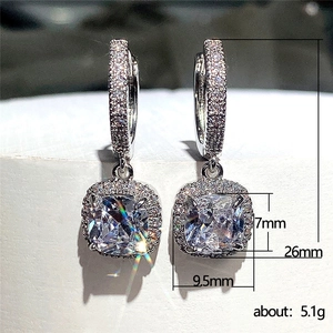 Elegant square-cut zircon halo drop earrings in silver finish for women, 26mm length